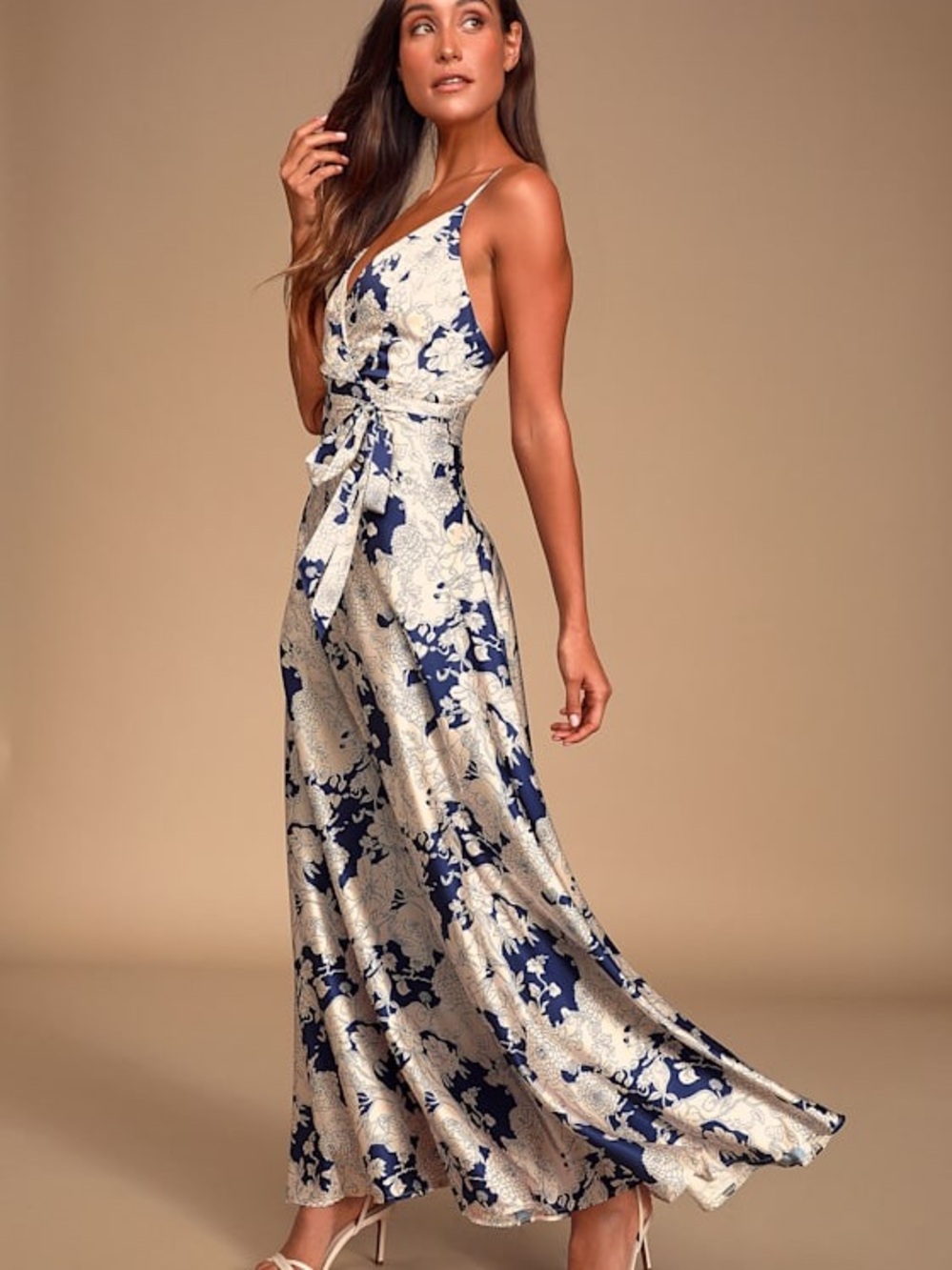 Lulu's Navy and Cream Floral Satin Maxi Dress with Waist Tie